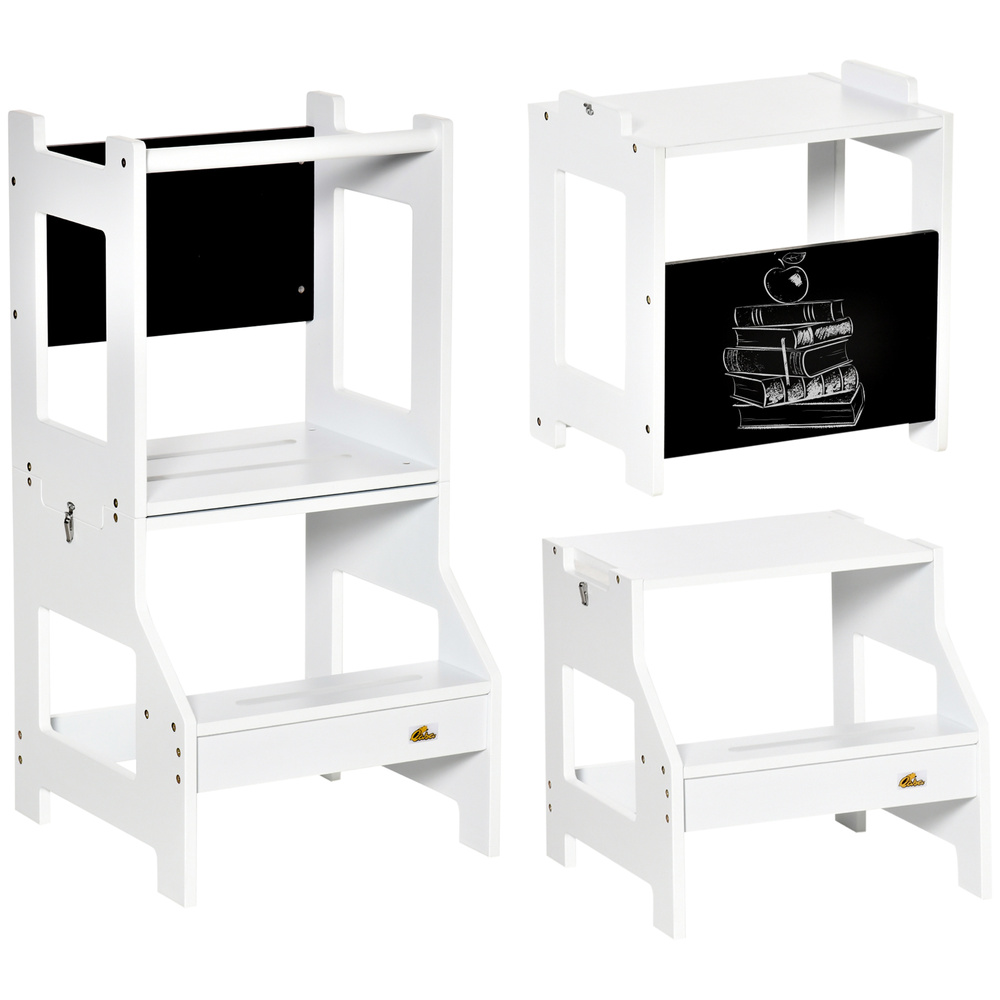 HOMCOM 2 in 1 Kids Kitchen Step Stool with Safety Rail Toddler Steps with Chalkboard for Kitchen Bathroom, White