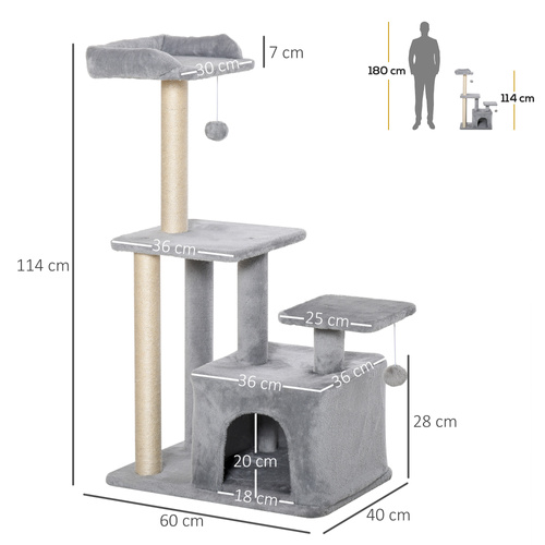 PawHut Cat Tree Tower for Indoor Cats 114cm Climbing Activity Centre Kitten with Sisal Scratching Post Perch Hanging Ball Condo Toy Light Grey