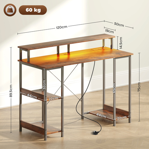 HOMCOM LED Computer Desk, with Power Outlets and Shelves - Rustic Brown