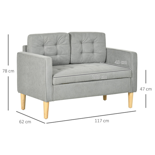HOMCOM Modern 2 Seater Sofa with Hidden Storage, 117cm Tufted Cotton Couch with Wood Legs, Compact Loveseat for Living Room, Kitchen, Light Grey