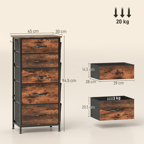 HOMCOM Chest of Five Fabric Drawers - Rustic Brown