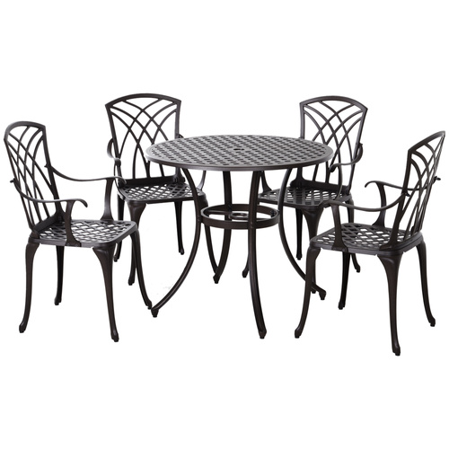 Outsunny 5 Pieces Garden Dining Set for 4, Cast Aluminium Outdoor Dining Set with 4 Armchairs and Round Dining Table with Parasol Hole, Garden Furniture Set, Brown