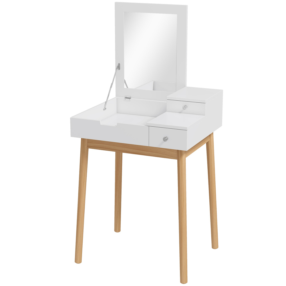 HOMCOM Dressing Table with Flip-up Mirror, Makeup Desk with 2 Drawers and Pine Wood Legs, Vanity Table Writing Desk for Bedroom Living Room, White