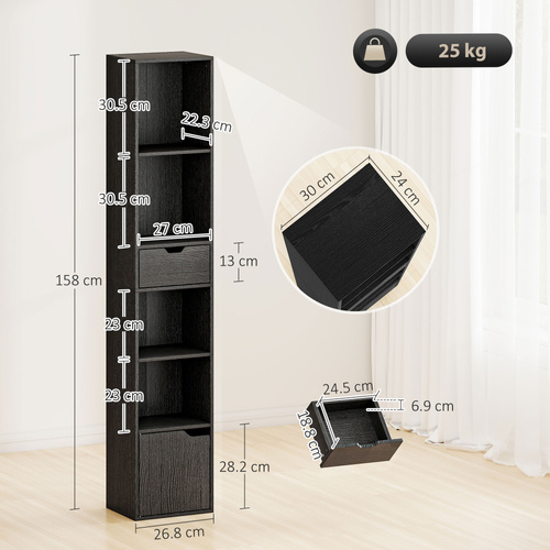 HOMCOM 6-Tier Bookcase, Tall Narrow Bookshelf with Drawer and Door - Black