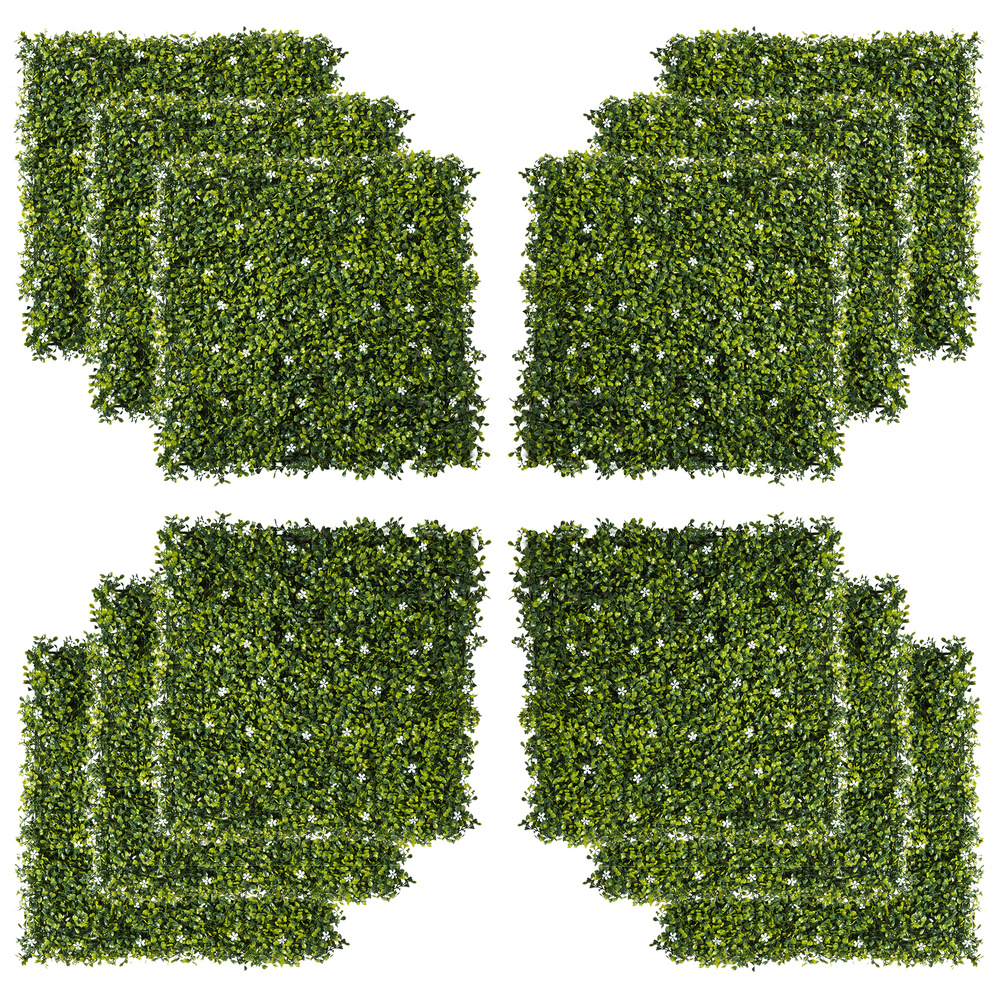 Outsunny 12PCS Artificial Boxwood Wall Panels 50cm x 50cm Grass Privacy Fence Screen Faux Hedge Greenery Backdrop Encrypted Milan Grass with White Flowers for Home Garden Backyard Balcony