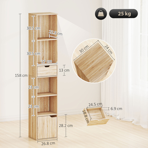 HOMCOM 6-Tier Bookcase, Tall Narrow Bookshelf with Drawer and Door - Natural Wood Finish