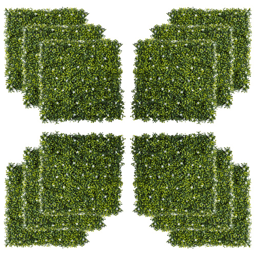 Outsunny 12PCS Artificial Boxwood Wall Panels 50cm x 50cm Grass Privacy Fence Screen Faux Hedge Greenery Backdrop Encrypted Milan Grass with White Flowers for Home Garden Backyard Balcony