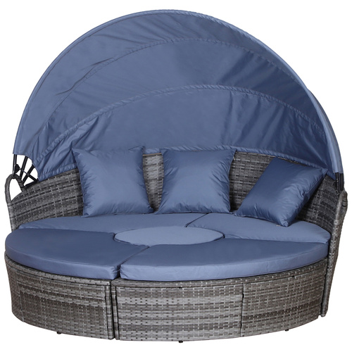 Outsunny Outdoor PE Rattan Garden Furniture with Cushioned, Patio Wicker Conversation Furniture Set, Round Daybed with Retractable Canopy, Coffee Table and Three Pillows, Grey/Blue Grey
