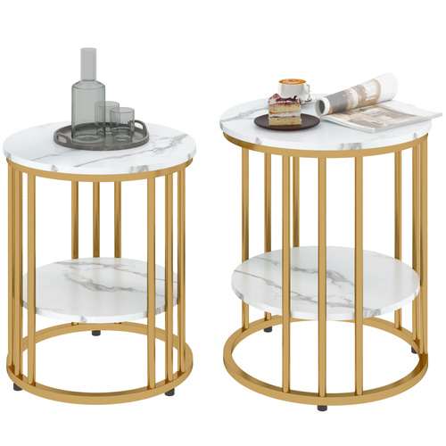 HOMCOM Set of Two Marble-Effect Coffee Tables - White/Gold-Tone
