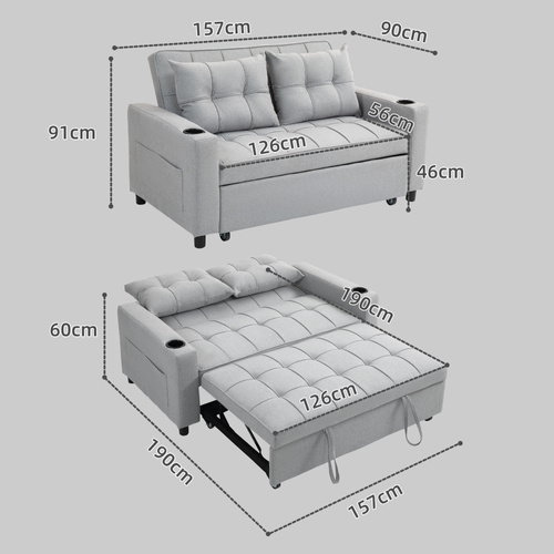 HOMCOM Two-Seater Pull-Out Sofa Bed - Light Grey