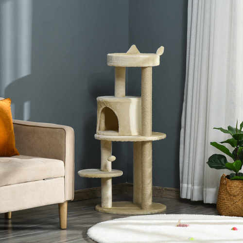 PawHut 104 cm Cat Tree, Cat Condo Tree Tower, Cat Activity Centre with Scratching Posts, Plush Perches, Hanging Ball - Cream White
