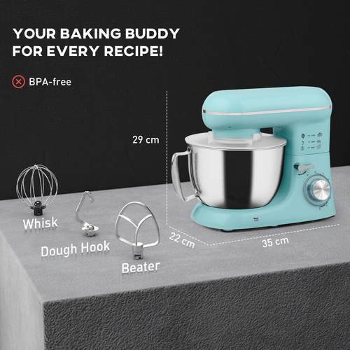 HOMCOM 1300W Kitchen Stand Mixer, with Accessories - Blue