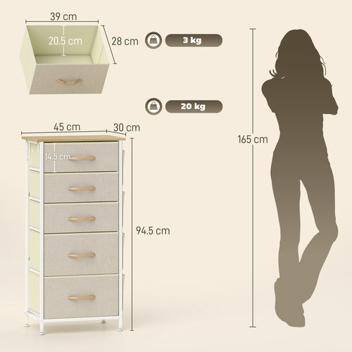 HOMCOM Chest of Five Fabric Drawers - Beige