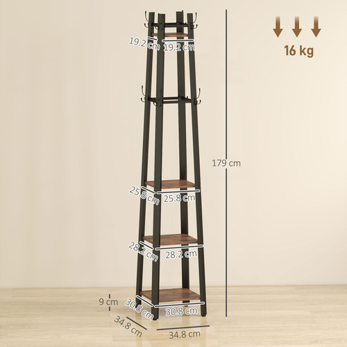 HOMCOM Industrial-Style Four Shelf Coat Stand - Brown/Black