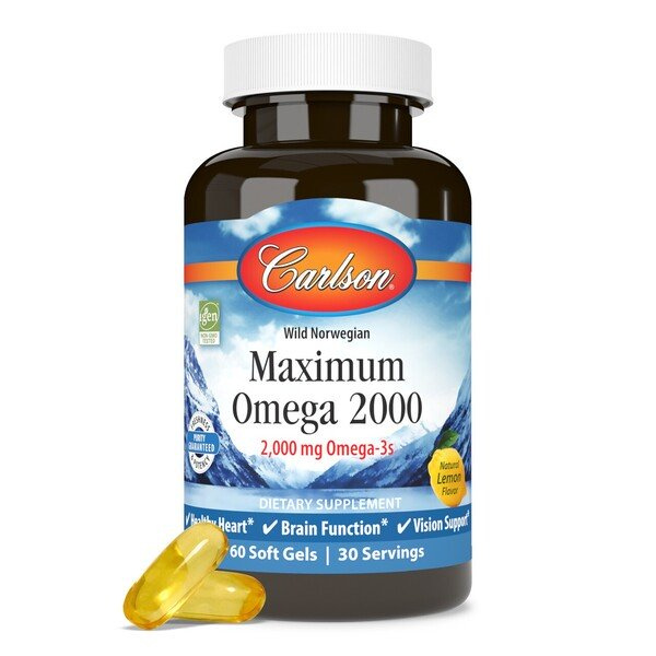 Carlson Labs Maximum Omega 2000 Wysokiej Mocy Omega 3 na Serce Mózg i Zdrowie Oczu 60 Kapsułek