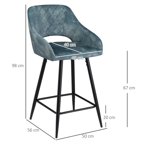 HOMCOM Bar Stools Set of 2, Velvet-Touch Fabric Counter Height Bar Chairs, Kitchen Stools with Steel Legs, Blue