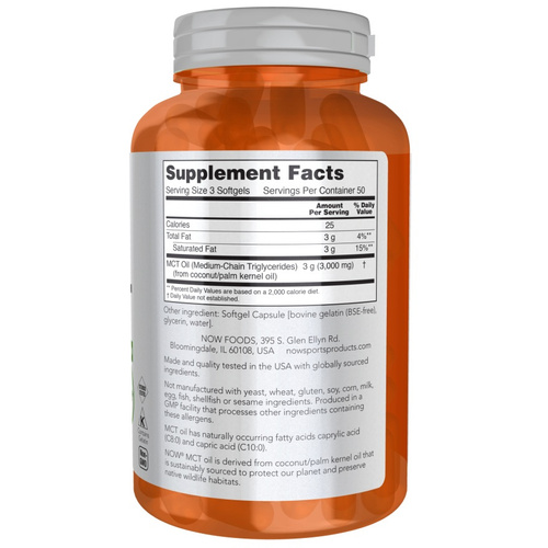 Now Foods MCT Oil 1000mg Wspiera Zdrową Masę Ciała 150 Kapsułek