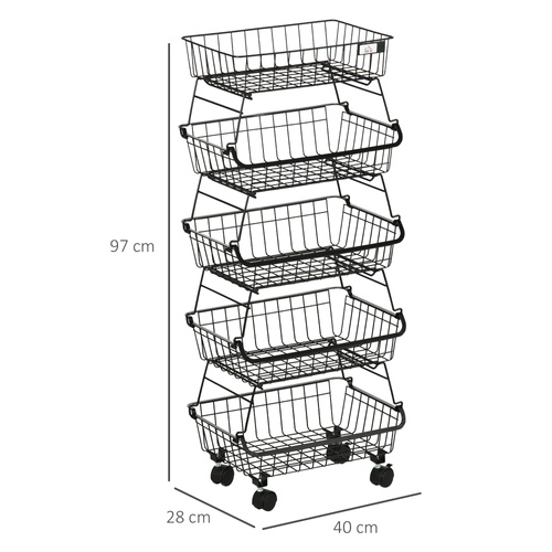 HOMCOM 5 Tier Storage Trolley, Stackable Fruit Vegetable Cart for Kitchen, Living Room, 40 x 2 x 97 cm, Black