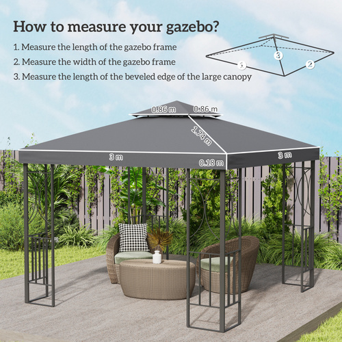 Outsunny 3(m) Gazebo Top Cover Double Tier Canopy Replacement Pavilion Roof Deep Grey
