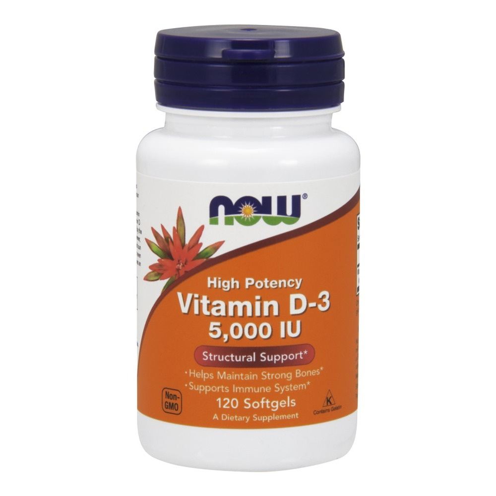 Now Foods Vitamin D-3 5000 IU  Wspiera Odporność Mięśnie i Pracę Mózgu 120 Kapsułek