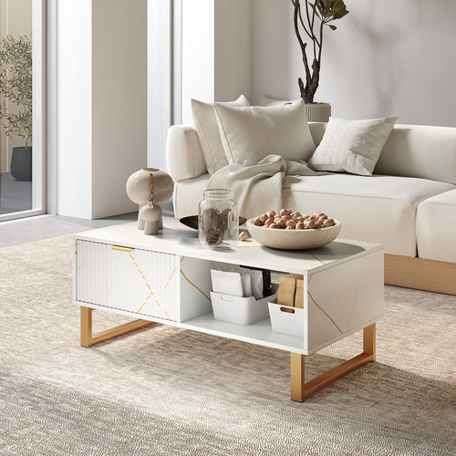 HOMCOM Elegant Marble Effect Storage Coffee Table - White