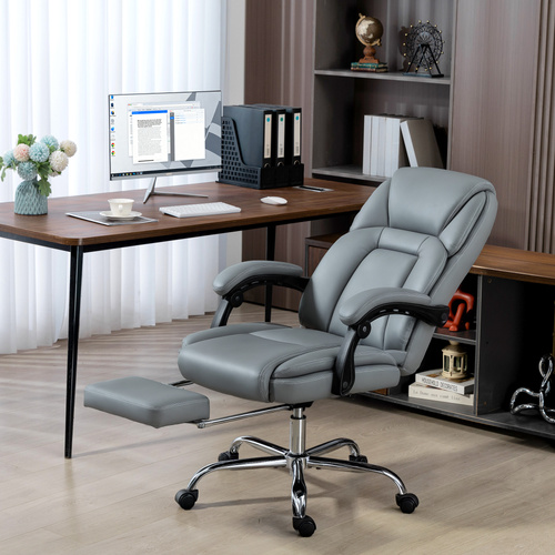 HOMCOM Faux Leather Reclining Office Chair, with Footrest - Grey