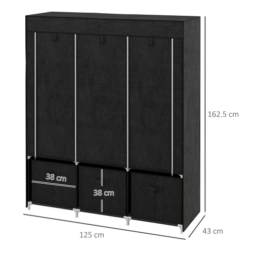 HOMCOM Foldable Fabric Wardrobe for Bedroom, Portable Wardrobe with 5 Shelves, 2 Hanging Rails and 3 Fabric Drawers, Black