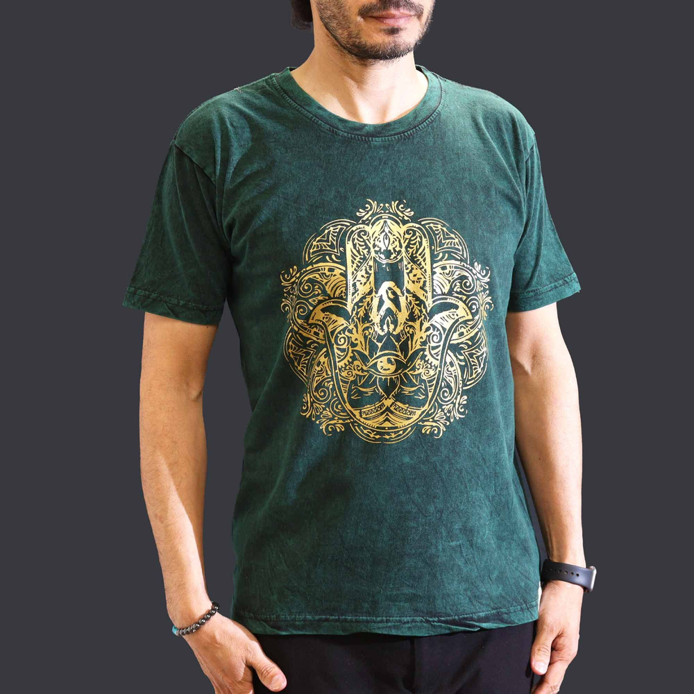 Medium Stone Washed T-Shirt - Hamsa - Green