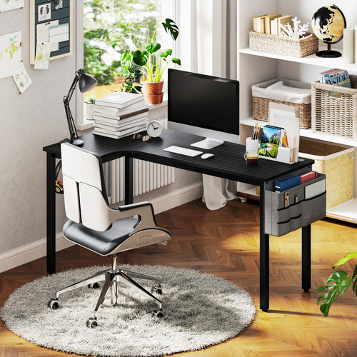 HOMCOM L-Shaped Computer Gaming Desk with Fabric Bag, Hooks and Cable Management, 145 x 81 x 76cm - Black
