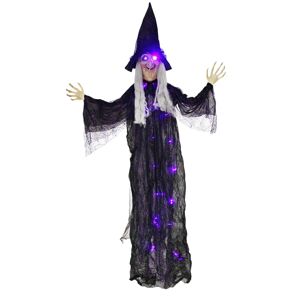 Outsunny 183 cm Life Size Halloween Animated Hanging Witch with Glowing LED Eyes & Body, Spooky Witch Scary Halloween Decorations, Battery Operated, Indoor Party Props