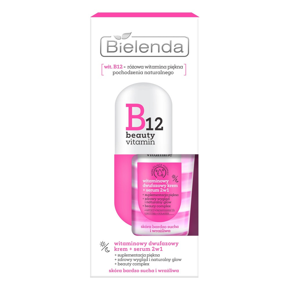 Bielenda B12 Beauty Vitamin Witaminowy 2-Fazowy Krem - Serum 2w1 dla Skóry Bardzo Suchej i Wrażliwej na Dzień i na Noc 45g
