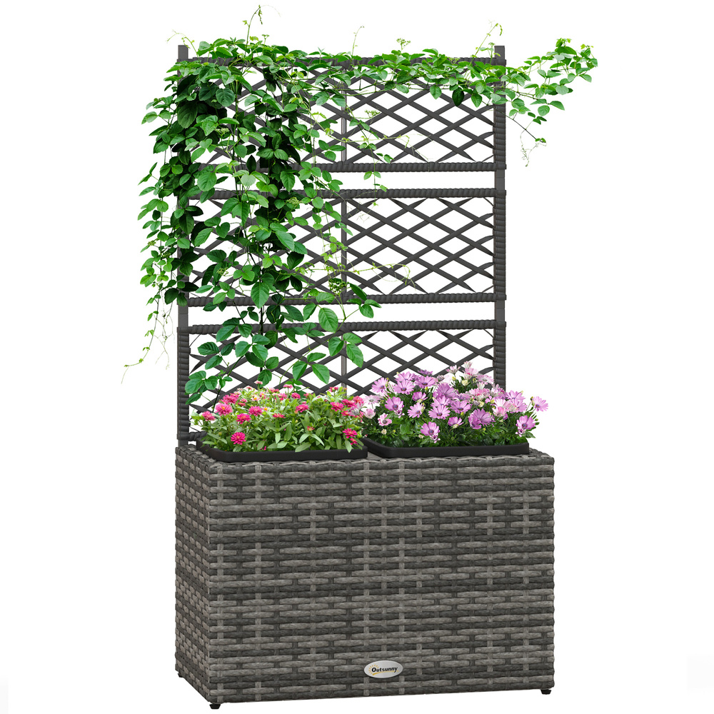 Outsunny 22 L Rattan Planter with Trellis, Freestanding Raised Beds for Garden with Two Plant Boxes, Outdoor Planter for Climbing Plants, Flowers, 57 x 30 x 107 cm, Mixed Grey
