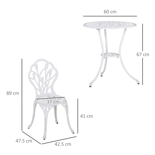 Outsunny 3 Piece Patio Bistro Set for 2, Outdoor Aluminium Garden Table and Chairs with Umbrella Hole for Balcony, White