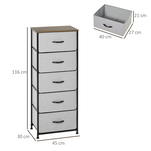 HOMCOM Fabric Chest of Drawers, Industrial Bedroom Dresser with 5 Fabric Drawers, Steel Frame and Wooden Top for Nursery, Living Room, Hallway, Grey