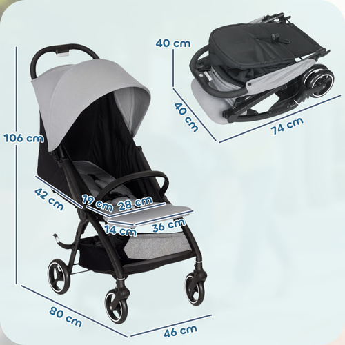 AIYAPLAY Travel Stroller, Lightweight Pushchair, Compact Buggy with Canopy, Basket and Multi-Position Recline, Light Grey