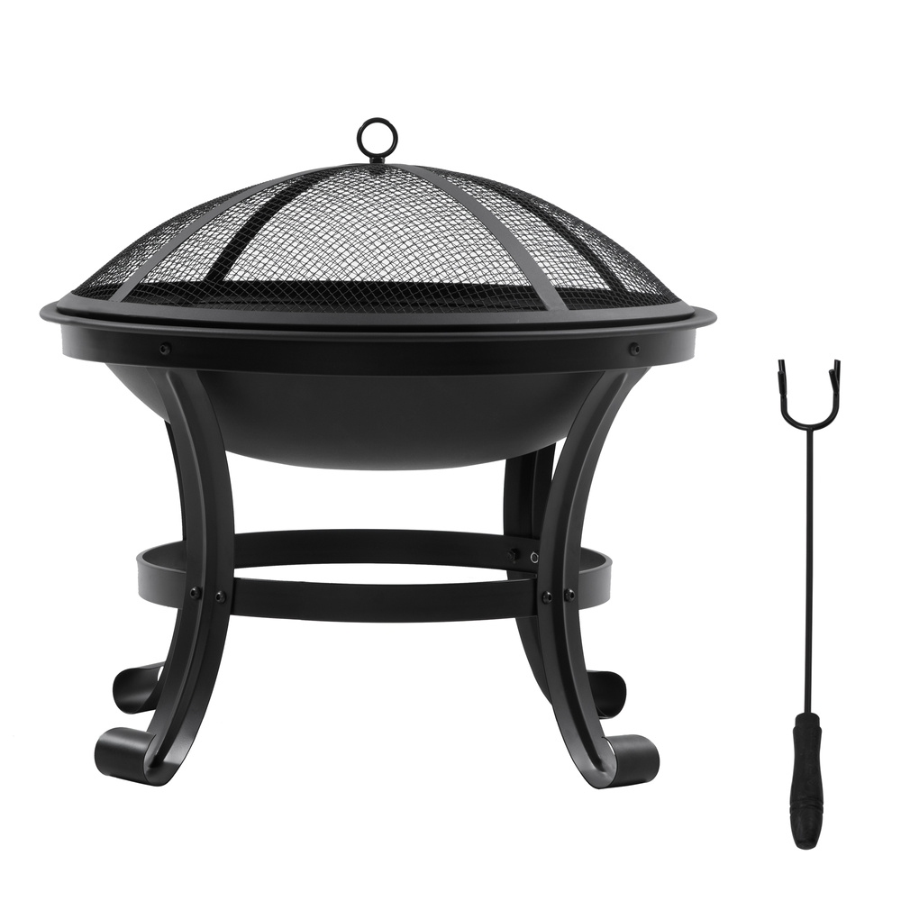 Outsunny Outdoor Fire Pit, Firepit with Mesh Lid, Poker, for Camping, Bonfire, Picnic, Black