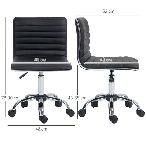 HOMCOM Armless Task Desk Chair, Swivel Office Chair with Faux Leather, Adjustable Seat Height, Chrome Base, Wheels for Home, Black