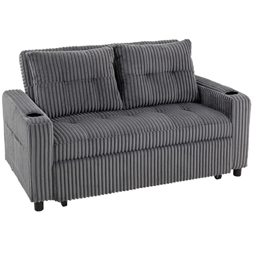 HOMCOM 2 Seater Click Clack Sofa Bed with Pull Out Design, Corduroy Upholstery - Charcoal Grey