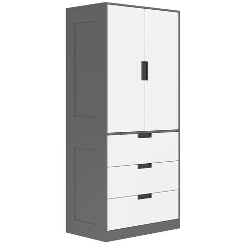 HOMCOM 2 Door Wardrobe, Modern Wardrobe with 3 Drawers and Hanging Rod for Bedroom, Grey