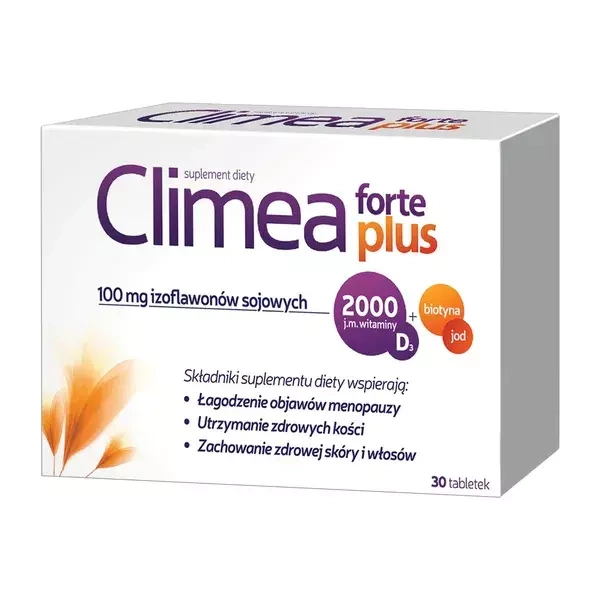 Climea Forte Plus Łagodzi Objawy Menopauzy Wspomga Utrzymanie Zdrowych Kości Skóry i Włosów 30 Tabletek