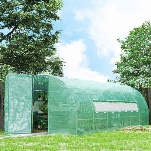Outsunny Large Polytunnel Walk In Greenhouse, Plant Gardening Tunnel Green House with Metal Hinged Door, Galvanised Steel Frame & Mesh Windows, Green (3 x 6 m)