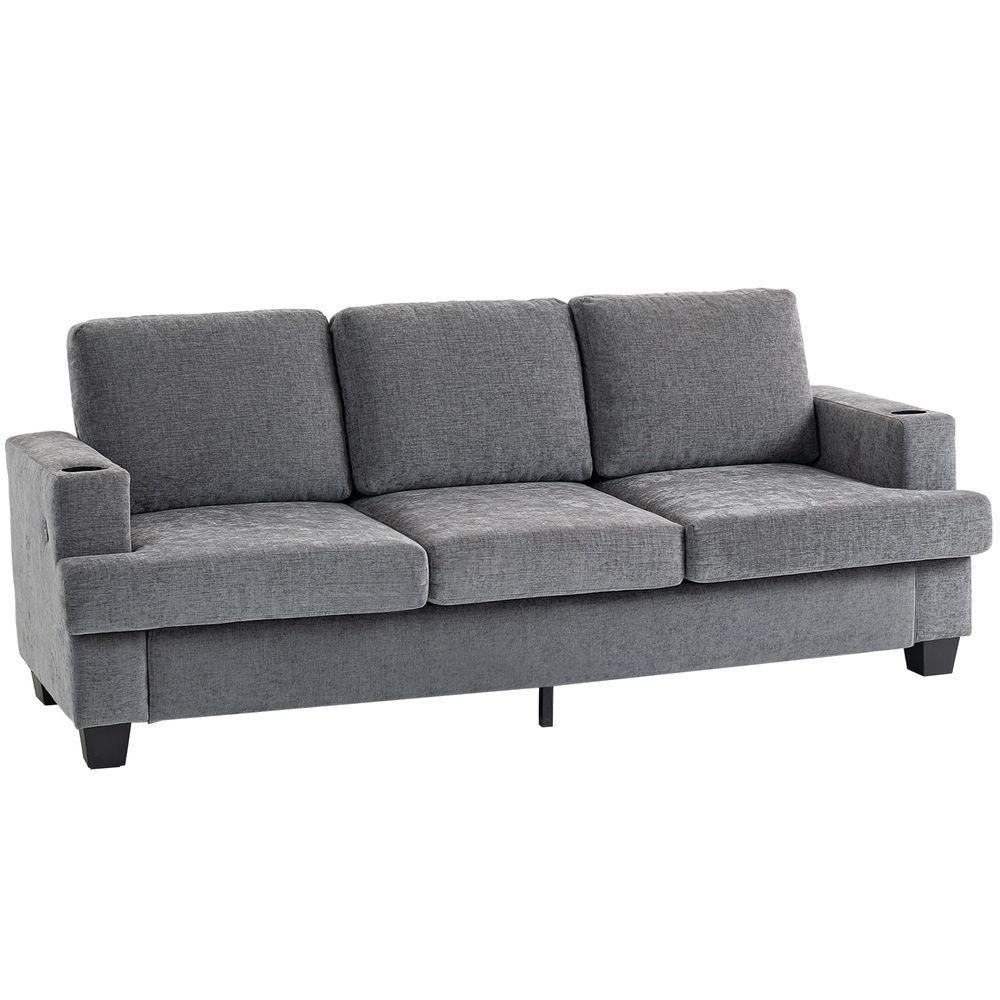 HOMCOM 3 Seater Sofa with USB Ports & Cup Holders - Grey