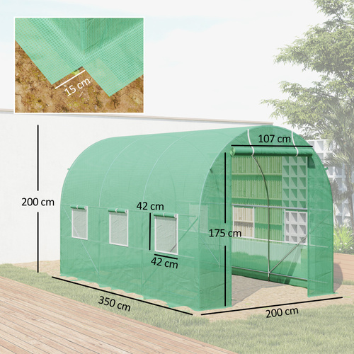 Outsunny 3.5 x 2m Walk-In Polytunnel Greenhouse, with Steel Frame, PE Cover, Roll-Up Door and 6 Windows, Green
