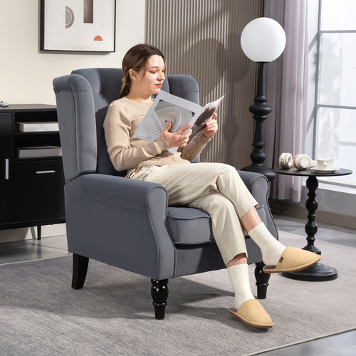 HOMCOM Wingback Accent Chair, Retro Upholstered Button Tufted Occasional Chair for Living Room and Bedroom, Grey