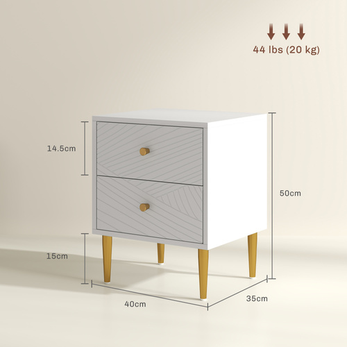 HOMCOM Elegant Two-Drawer Bedside Table - White/Gold-Tone