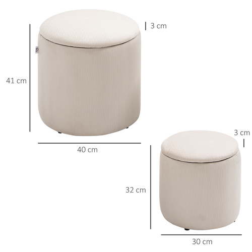 HOMCOM Set of 2 Round Ottoman with Storage, Fabric Vanity Stool for Makeup, Footrest Stool with Removable Lid for Living Room & Bedroom, Cream White