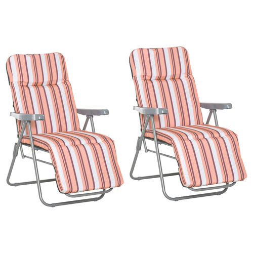 Outsunny Reclining Garden Chair Set of 2, 5-Level Adjustable Zero Gravity Chairs with Cushions, Folding Sun Lounger Garden Recliner Chairs with Armrests for Outdoor, Patio, Orange Stripe