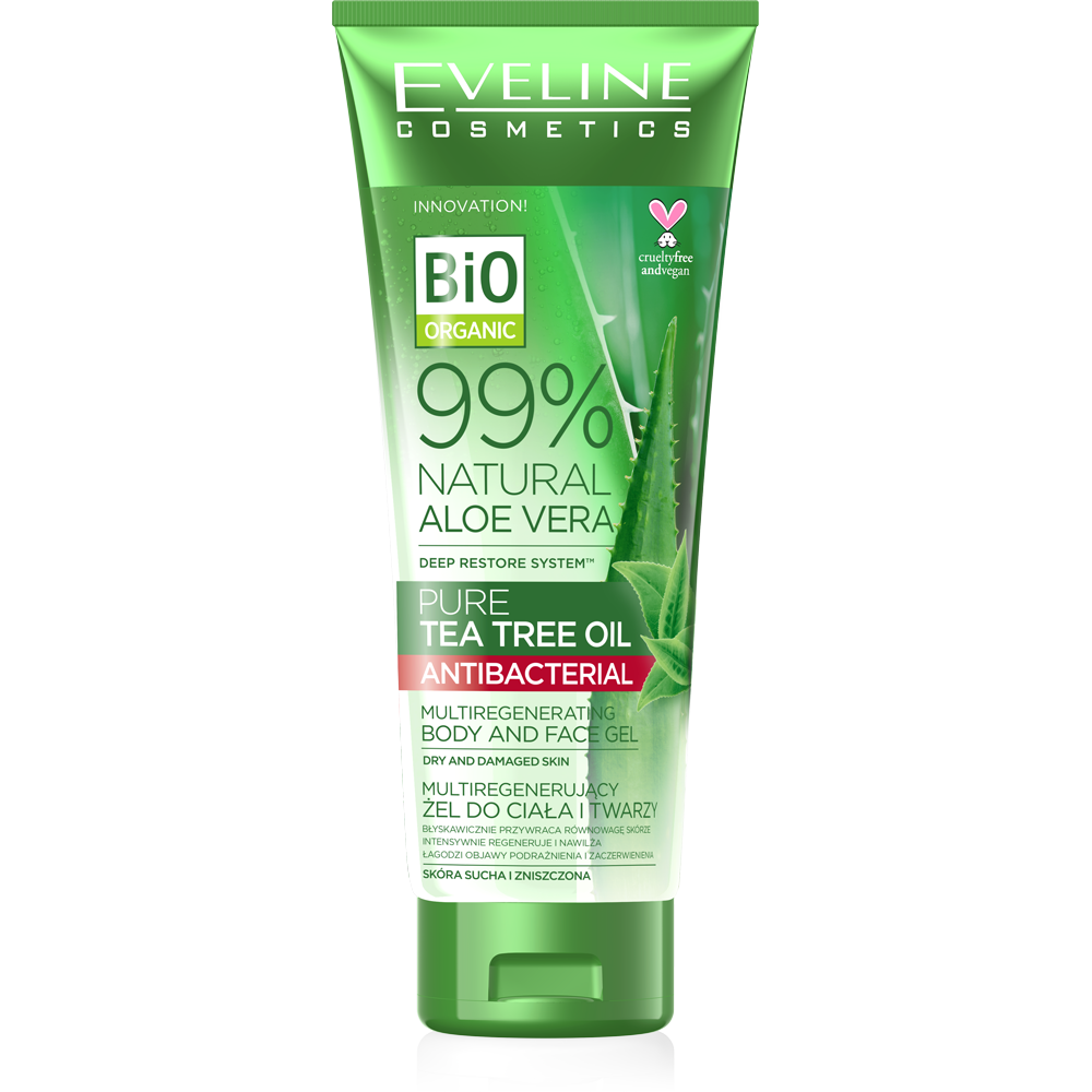 Eveline 99% Natural Aloe Vera Multifunkcyny Żel do Ciała i Twarzy z Olejkiem z Drzewa Herbacianego 250ml