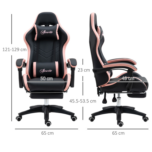 Vinsetto Computer Gaming Chair, PU Leather Office Desk Chair with Footrest, Swivel Wheels, 135° Reclining Back, Lumbar Support, Headrest for Home, Black and Pink