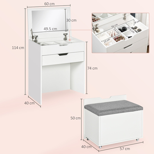 HOMCOM Dressing Table with Flip-up Mirror and Storage Stool, Vanity Table with Drawer and Hidden Compartments for Bedroom, Living Room, White